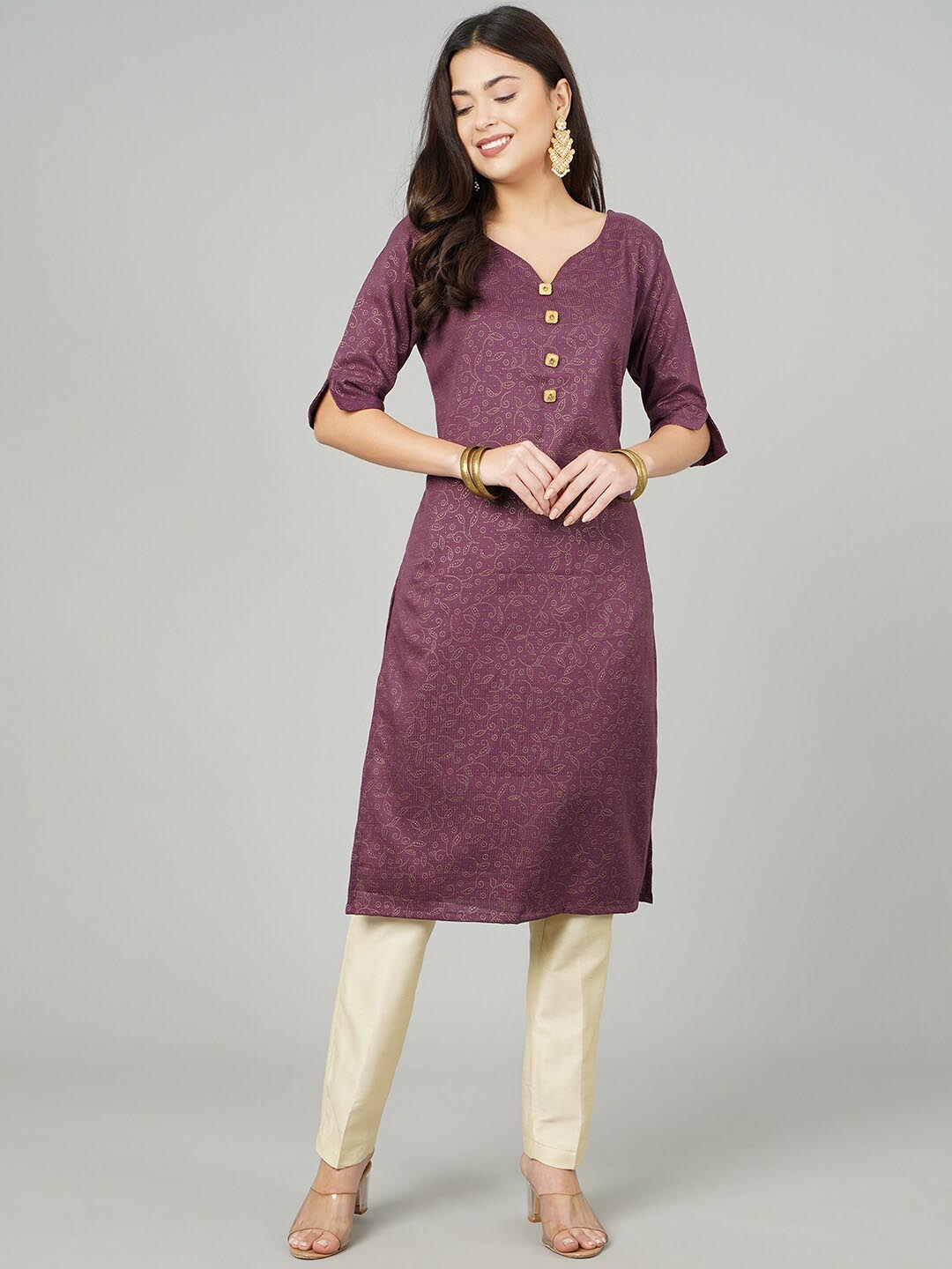 

KALINI Embellished V-Neck Thread Work Straight Kurta, Burgundy