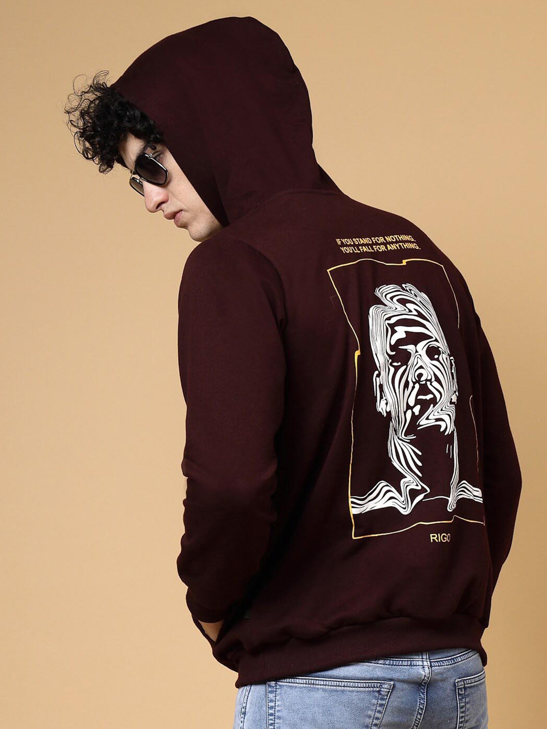 

Rigo Men Printed Fleece Pullover Casual Hooded Sweatshirt, Burgundy