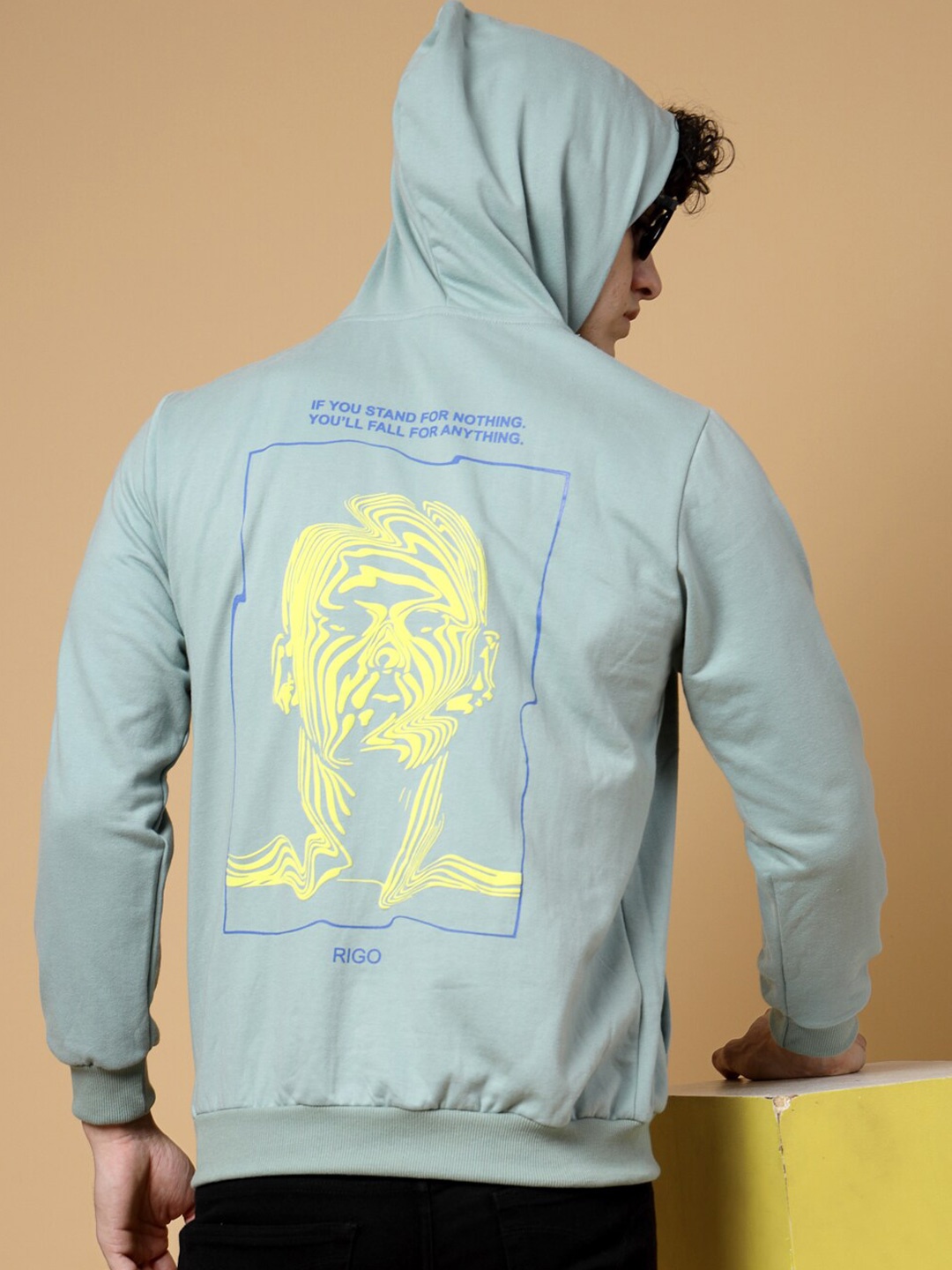 

Rigo Men Printed Fleece Pullover Casual Hooded Sweatshirt, Blue