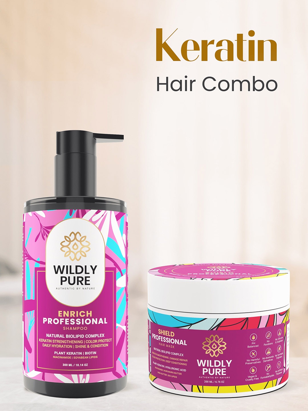 

Wildly Pure Professional Set Of Enrich Shampoo - 300ml & Shield Hair Mask - 200ml, Pink