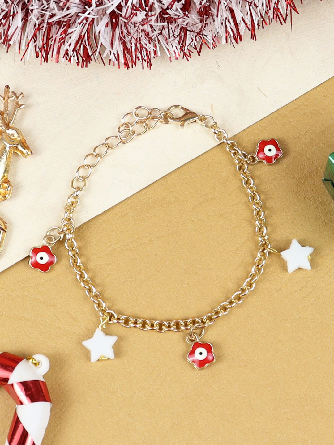 

Asthetika Kids Girls Gold-Plated Evil Eye & Stars Charms Link Bracelet