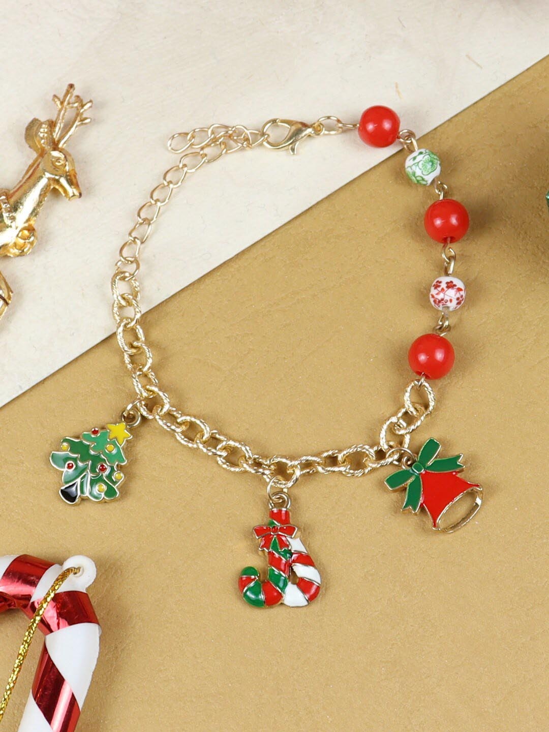 

Asthetika Kids Girls Gold-Plated Beaded Christmas Charms Link Bracelet