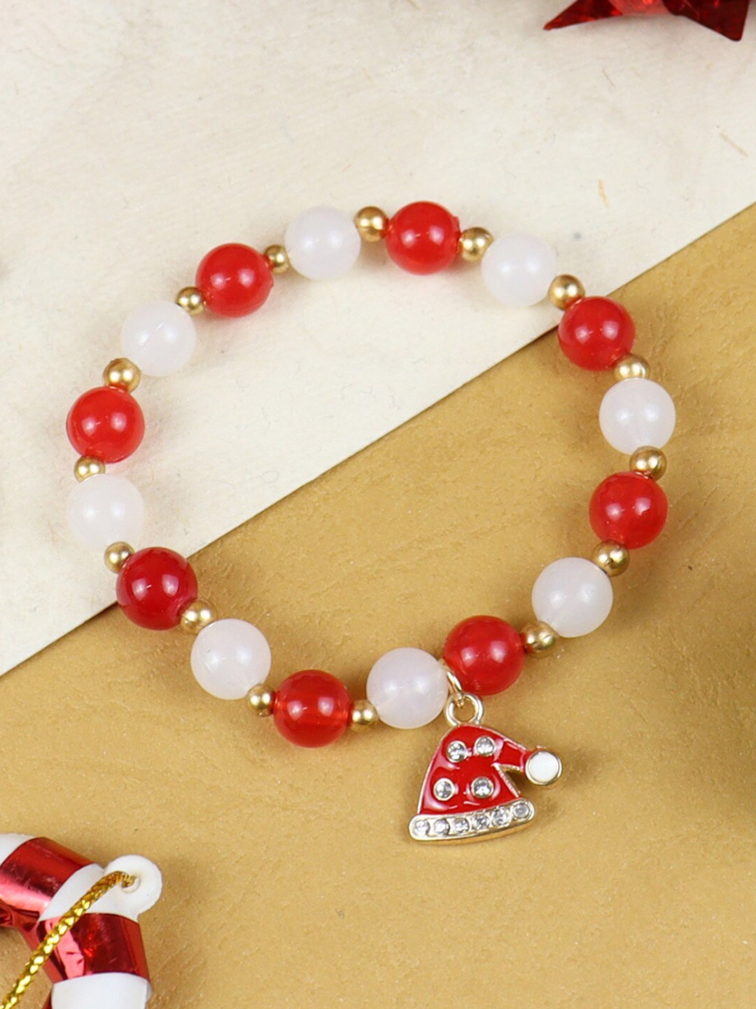

Asthetika Kids Girls Christmas Cap Charm Beaded Bracelet, Gold