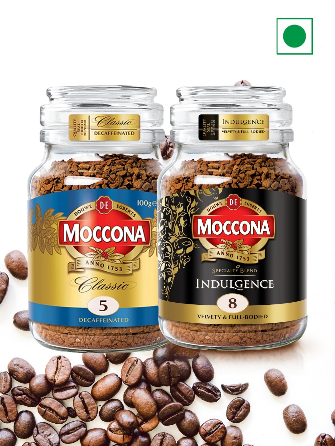

Moccona Set Of 2 Classic Decaffinated & Indulgence Instant Coffee, Khaki
