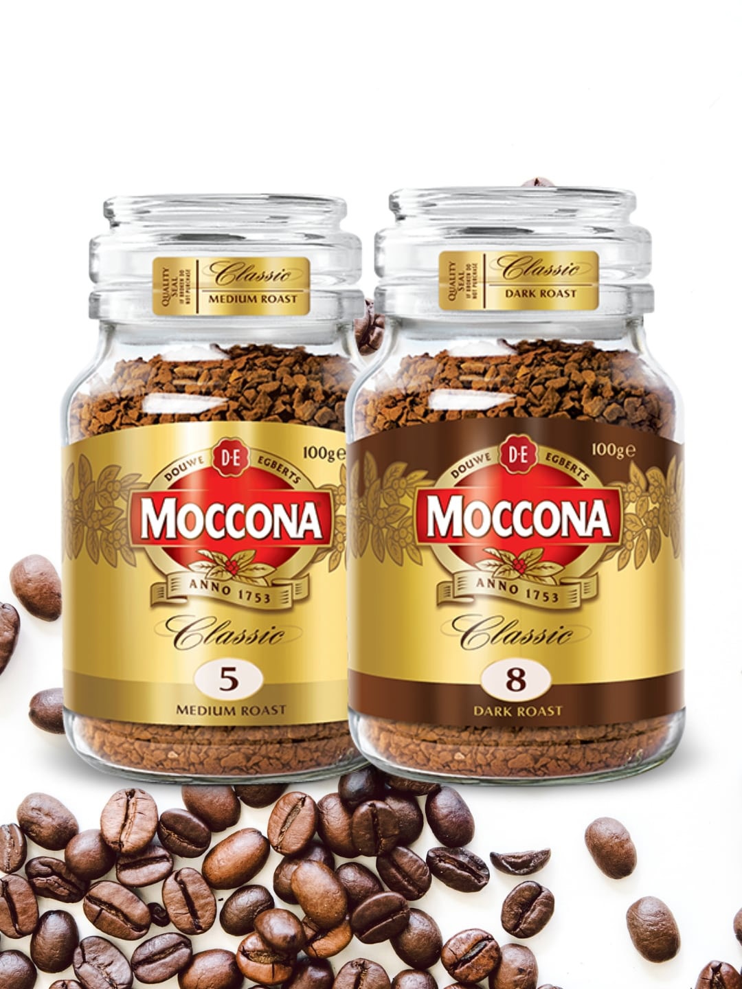 

Moccona Set of 2 Classic Medium & Dark Roast Instant Coffee - 200 g Each, Khaki