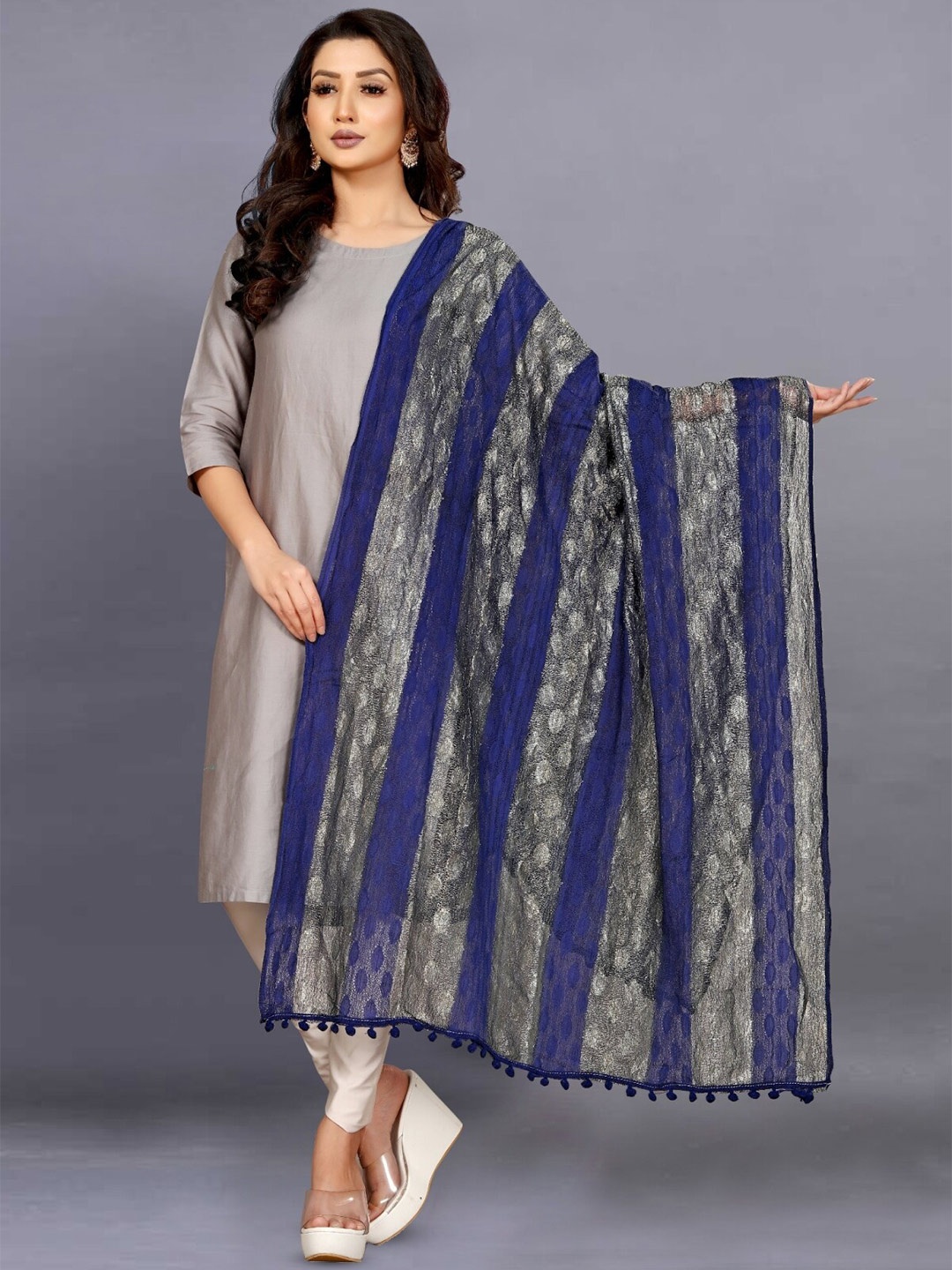 

BAESD Striped Net Pom Pom Net Dupatta, Blue