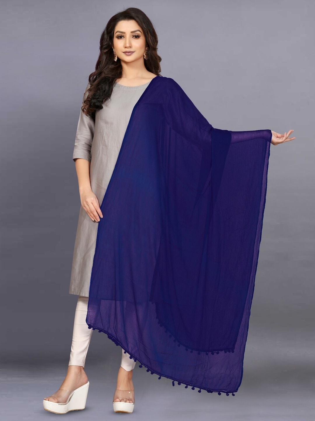 

BAESD Chiffon Pom Pom Dupatta, Navy blue