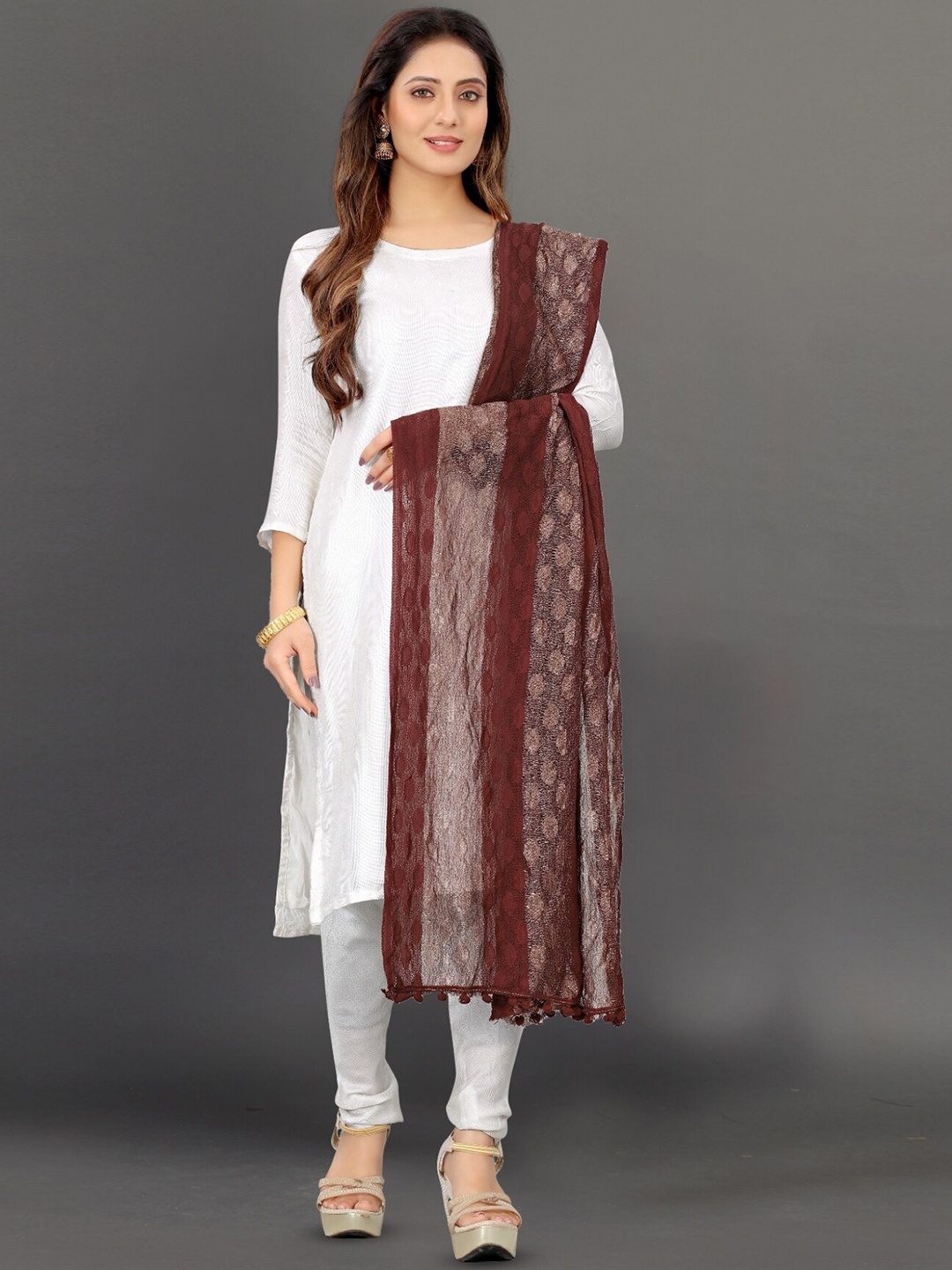 

BAESD Striped Net Dupatta, Brown