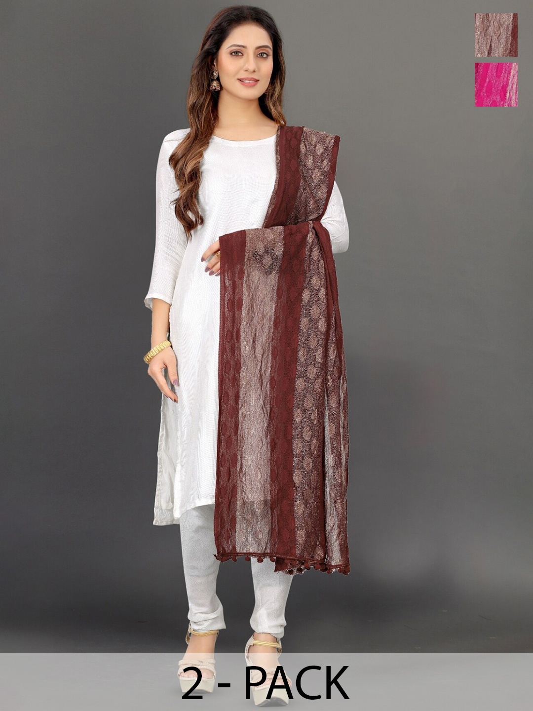 

BAESD Pack of 2 Printed Pom Pom Lace Border Dupatta, Brown