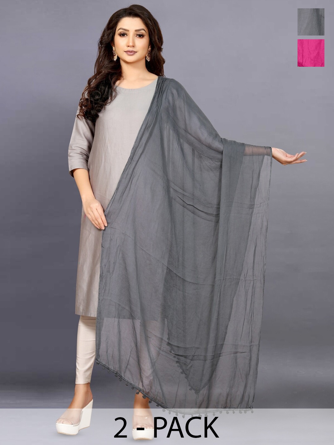 

BAESD Pack of 2 Pom Pom Lace Border Chiffon Dupatta, Grey