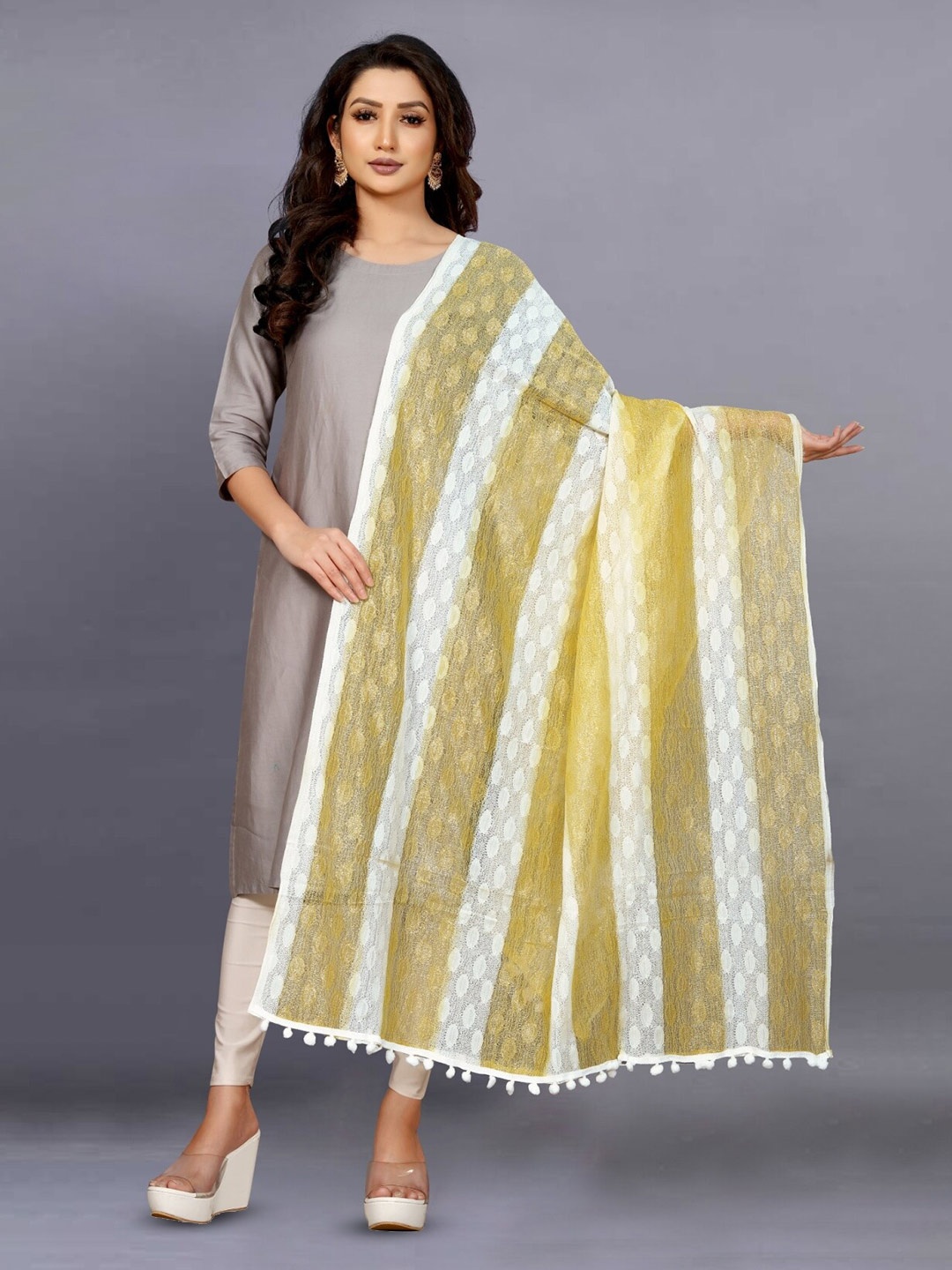 

BAESD Striped Net Pom Pom Dupatta, White