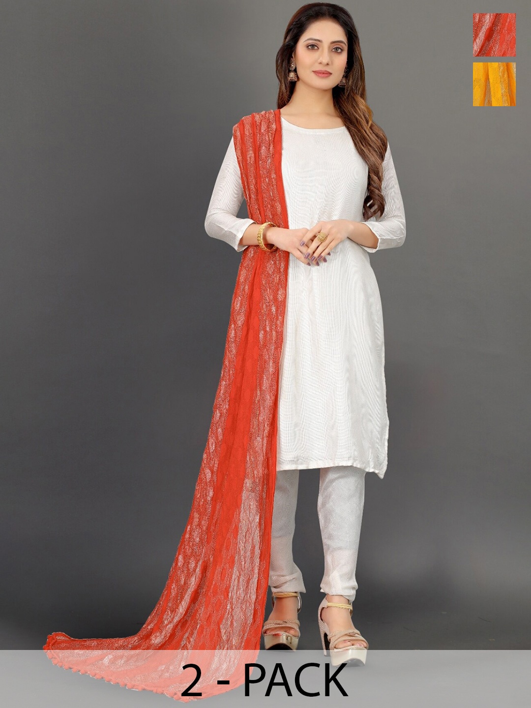 

BAESD Pack Of 2 Striped Net Dupatta, Orange