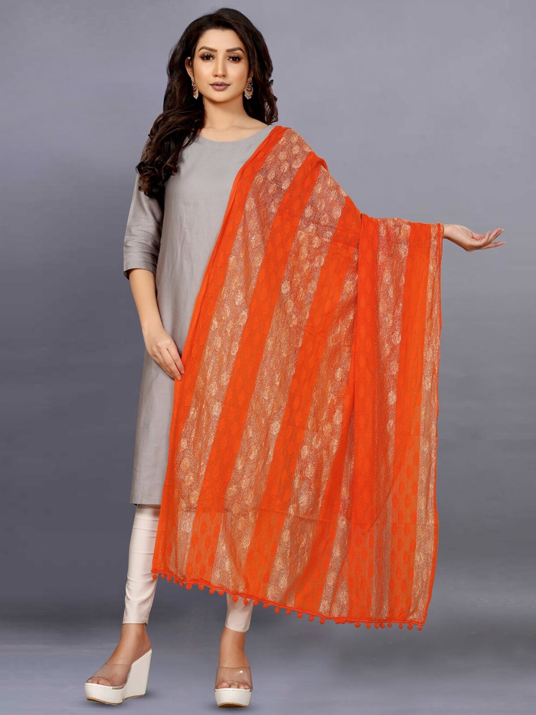 

BAESD Striped Net Dupatta, Orange