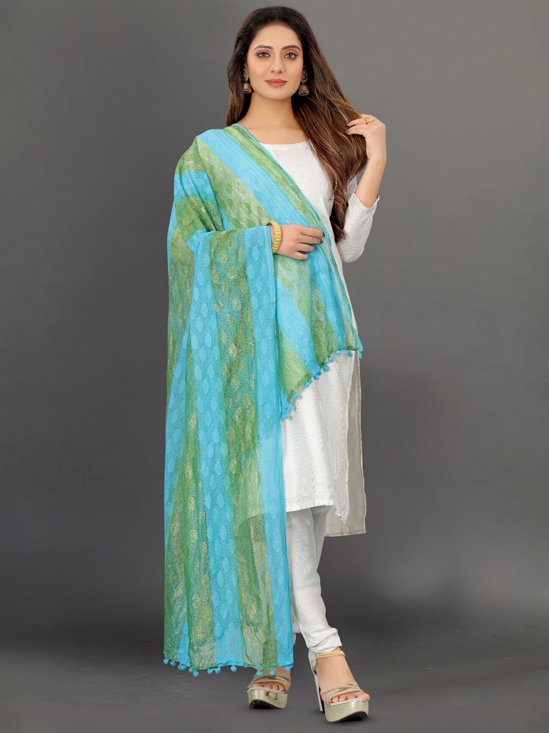 

BAESD Striped Zari Dupatta, Turquoise blue