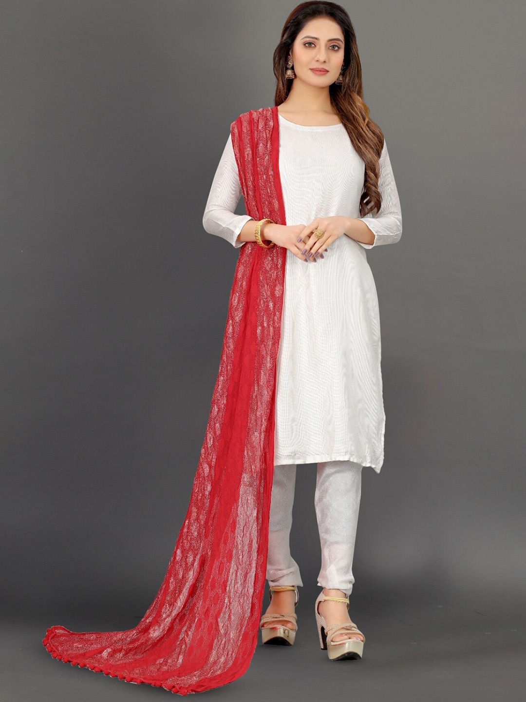 

BAESD Geometric Printed Net Dupatta, Red