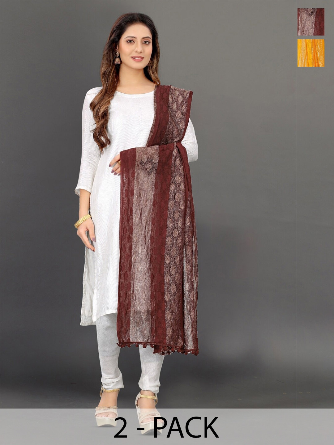 

BAESD Pack Of 2 Geometric Printed Net Dupatta, Brown