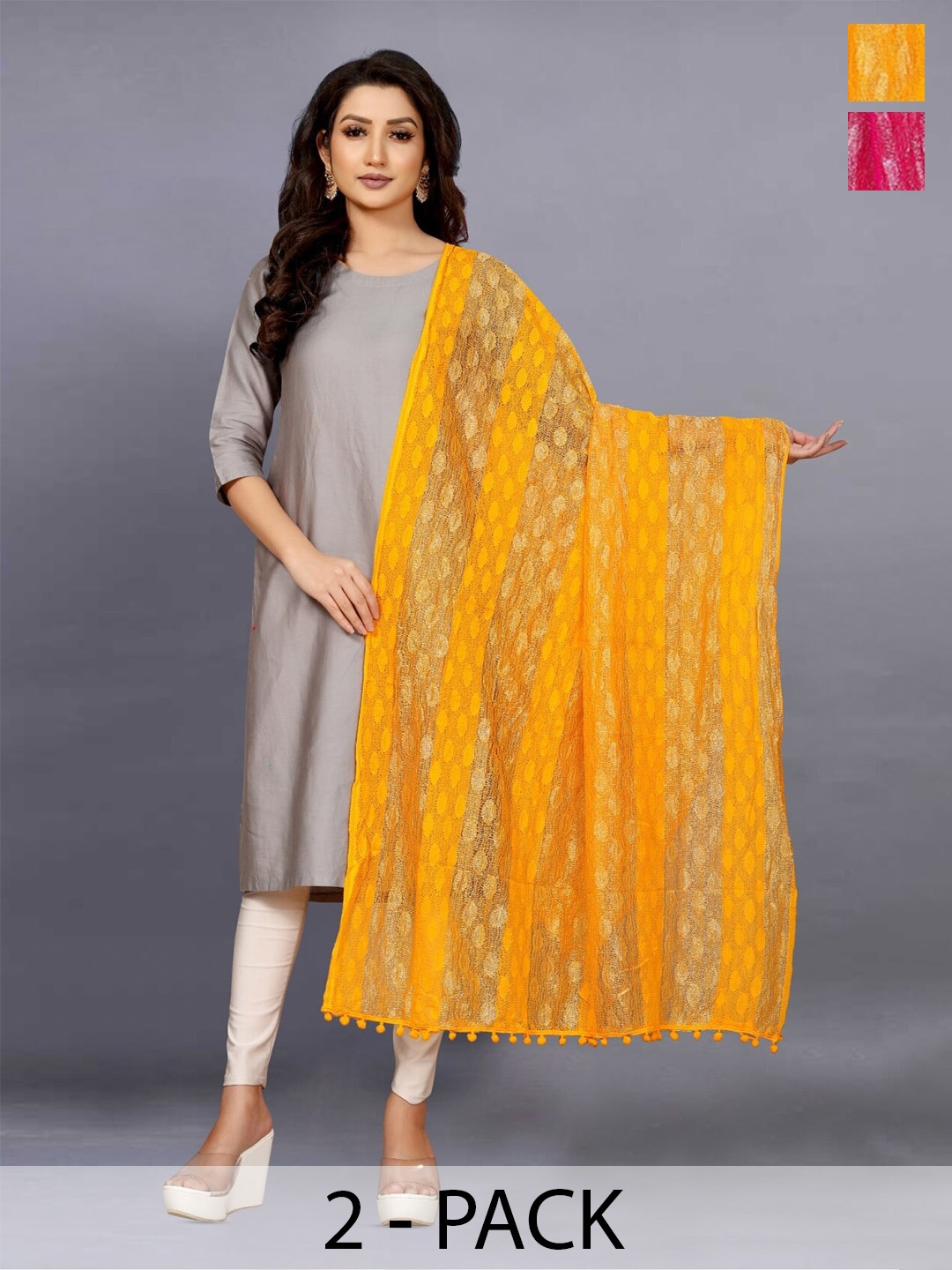 

BAESD Pack Of 2 Geometric Printed Net Dupatta, Yellow