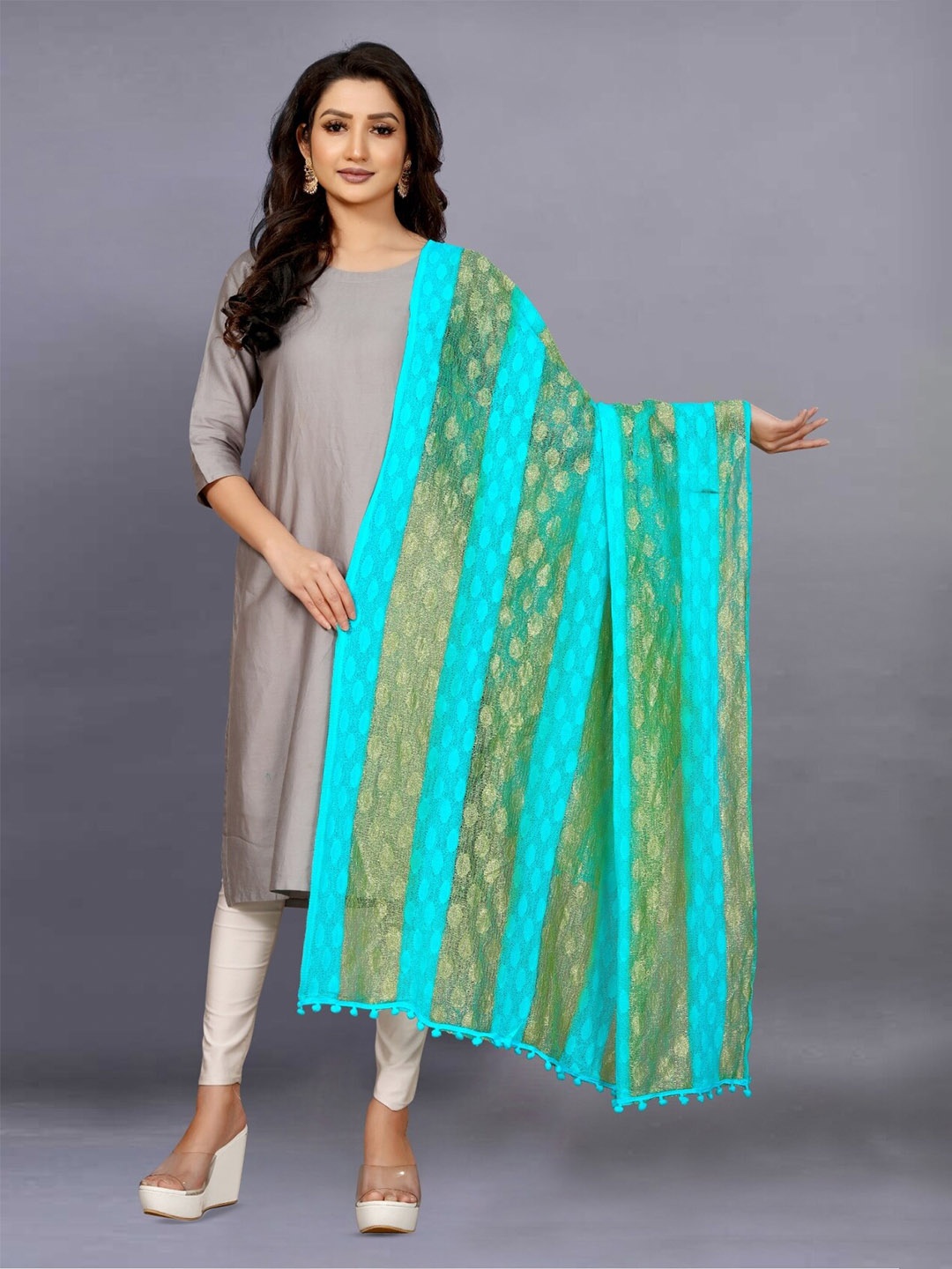 

BAESD Striped Zari Net Dupatta, Turquoise blue