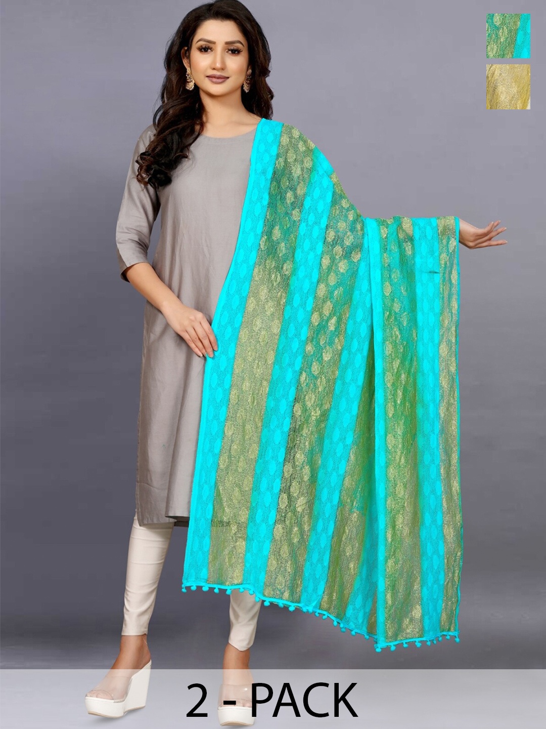 

BAESD Pack Of 2 Striped Zari Net Dupatta, Turquoise blue