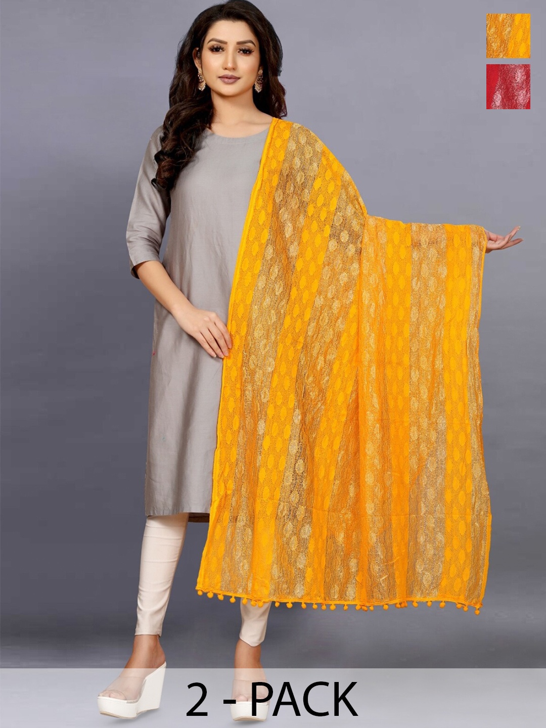 

BAESD Pack Of 2 Striped Zari Net Dupatta, Red