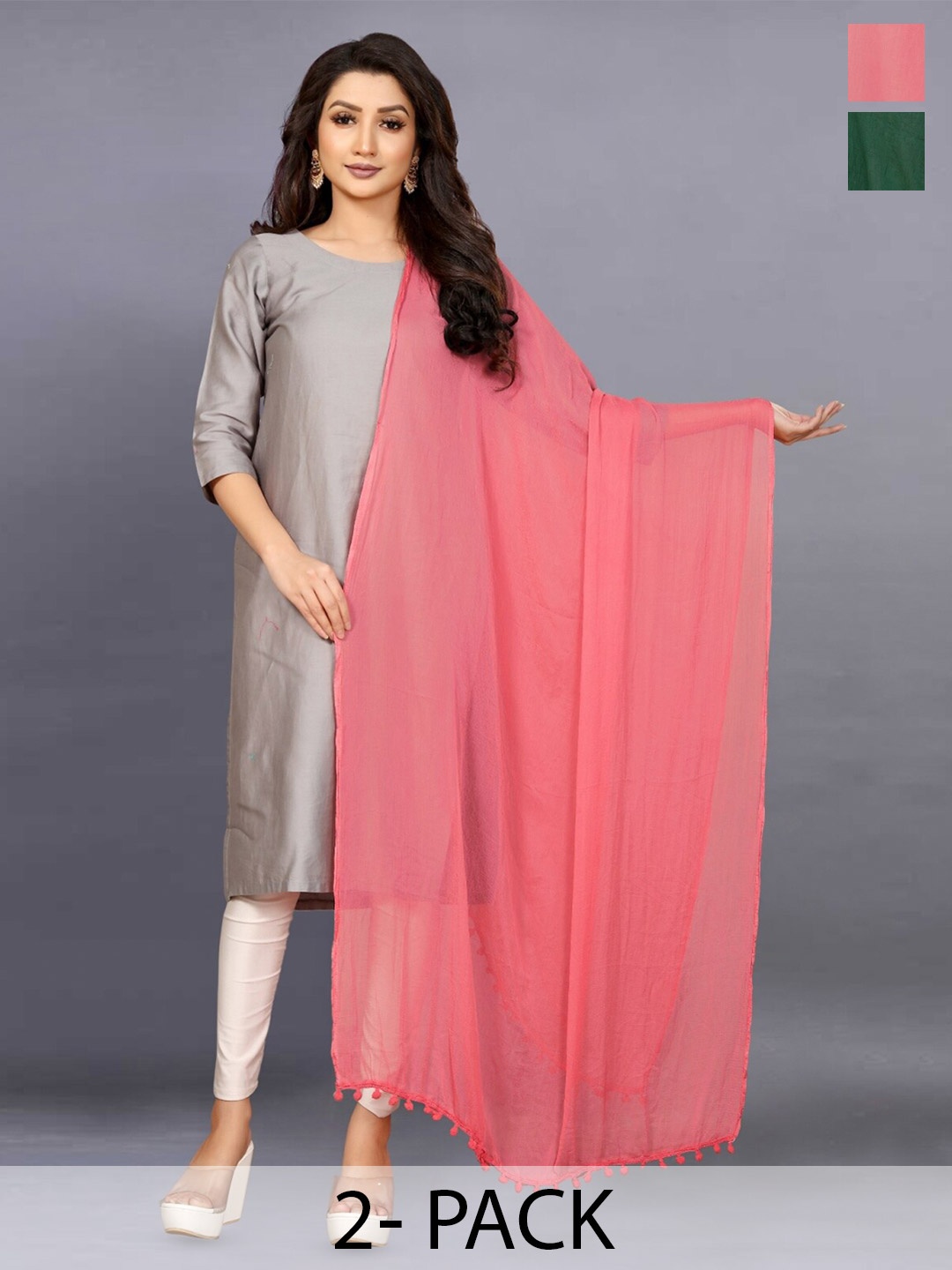 

BAESD Pack Of 2 Tasselled Chiffon Dupattas, Peach
