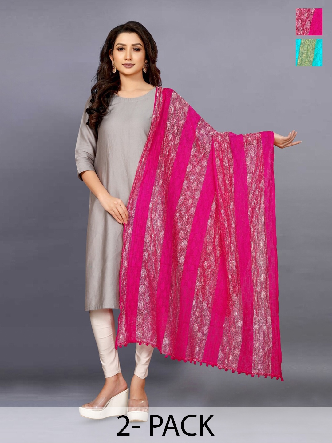 

BAESD Pack Of 2 Ethnic Motifs Printed Dupatta, Pink