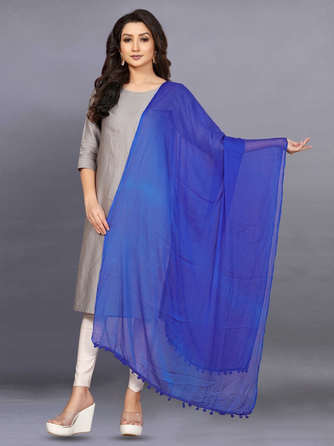 

BAESD Chiffon Dupatta With Pom Pom Details, Blue