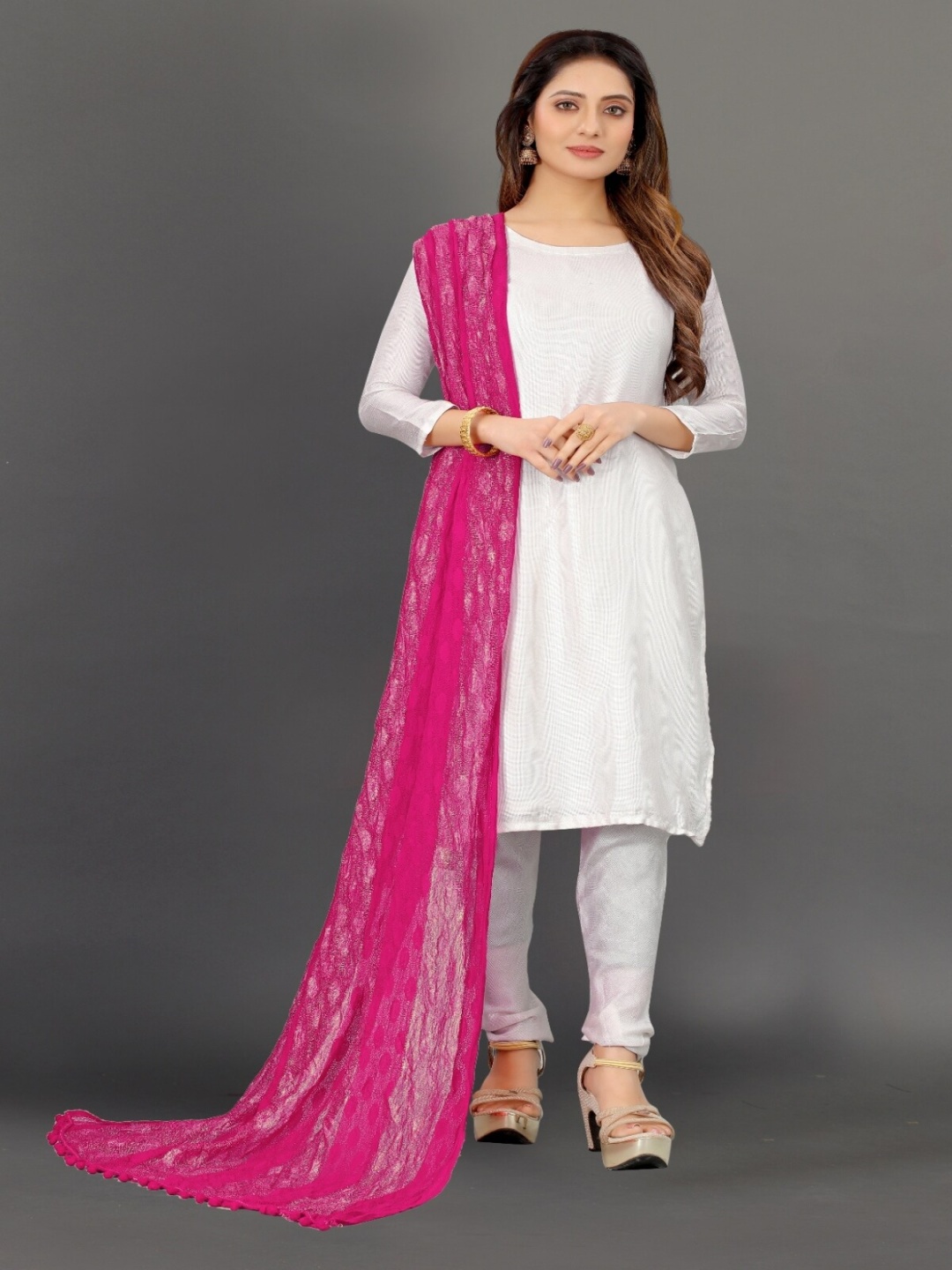 

BAESD Self Design Net Dupatta With Pom Pom Border, Pink