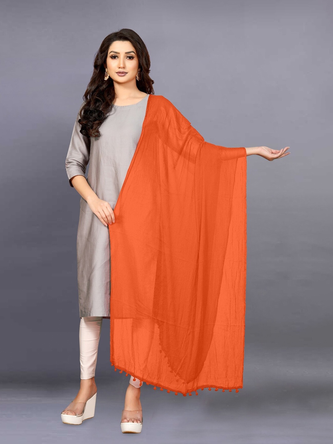 

BAESD Chiffon Dupatta With Pom Pom Border, Orange