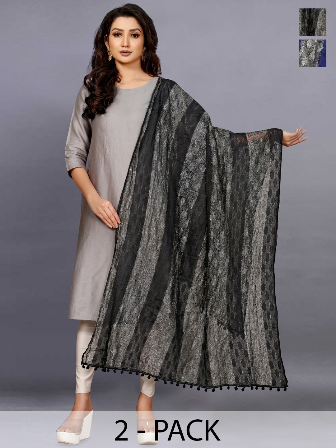 

BAESD Pack of 2 Striped Zari Net Dupatta, Blue