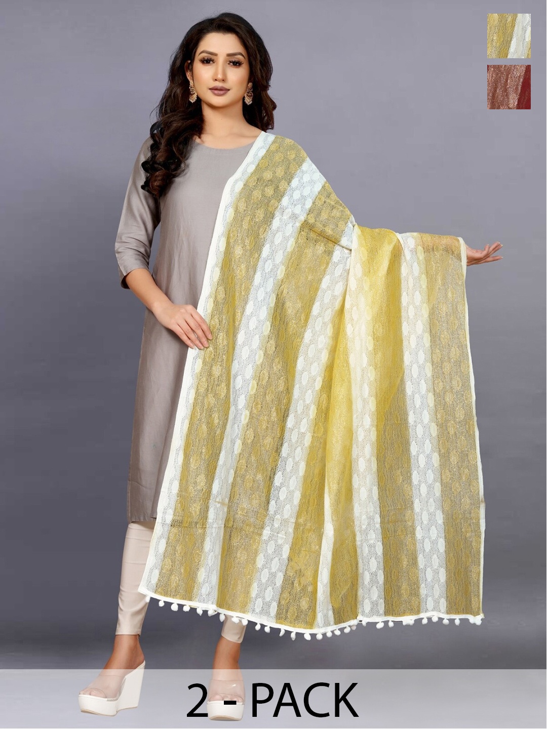 

BAESD Pack Of 2 Striped Net Dupatta, Brown