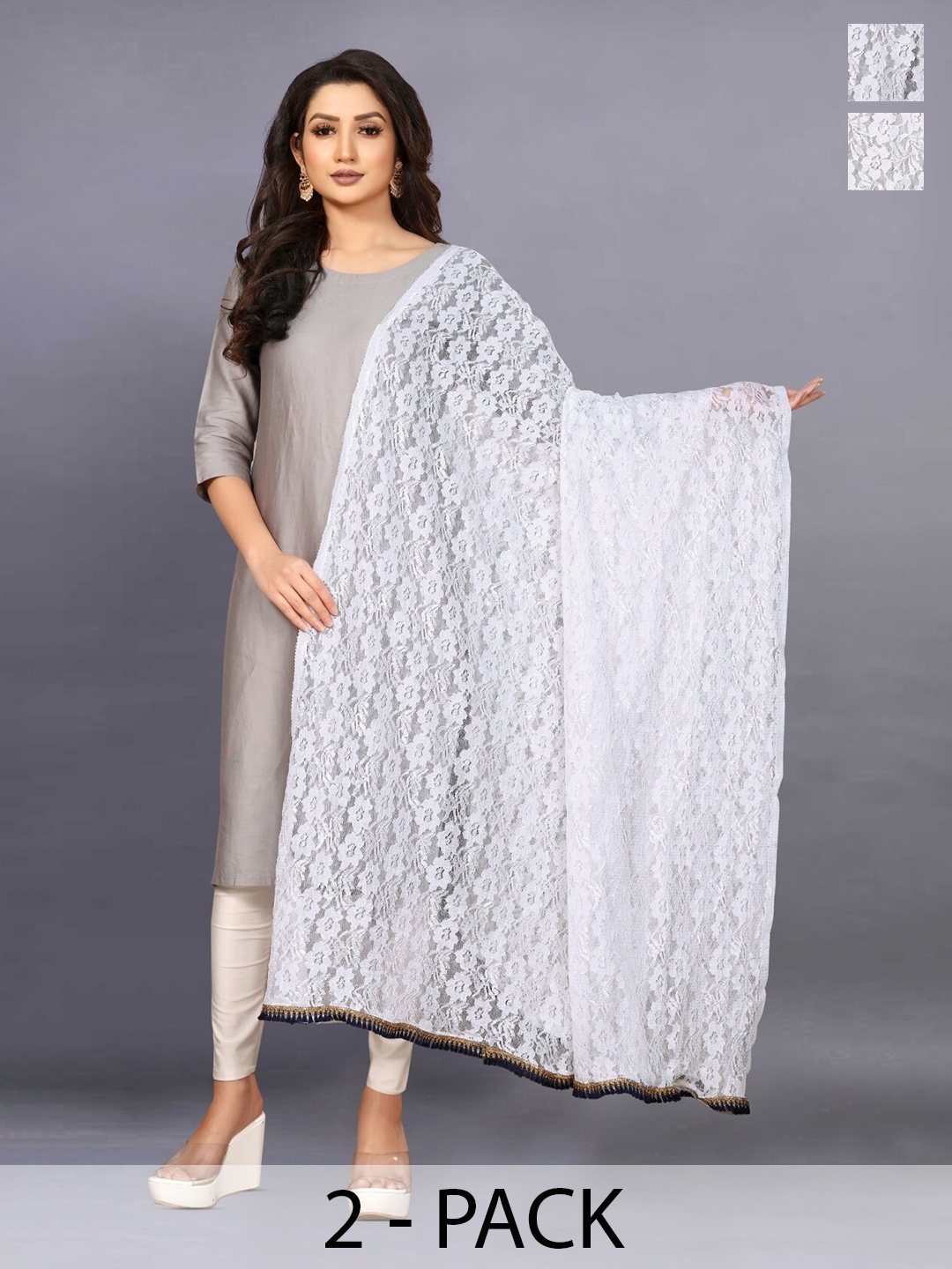 

BAESD Pack Of 2 Floral Woven Design Net Lace Tasselled Dupatta, White