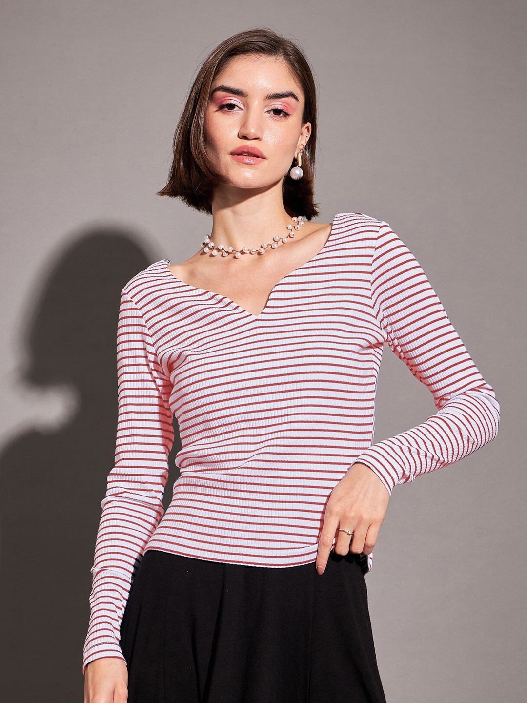 

SASSAFRAS Red Striped Sweetheart Neck Long Sleeves Regular Top