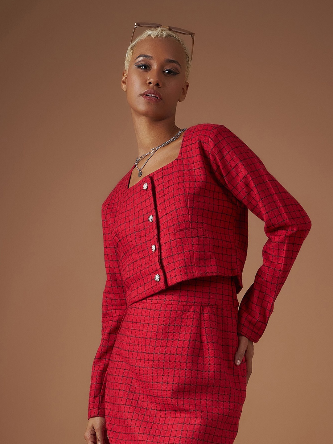 

SASSAFRAS Checked Square Neck Jacquard Shirt Style Crop Top, Red