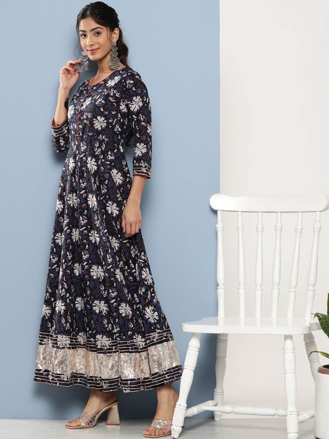 

KALINI Floral Printed Round Neck Gotta Patti Cotton Anarkali Kurta, Blue