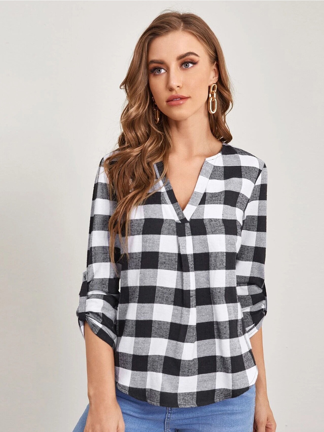 

Stylecast X Slyck Checked V-Neck Shirt Style Top, White