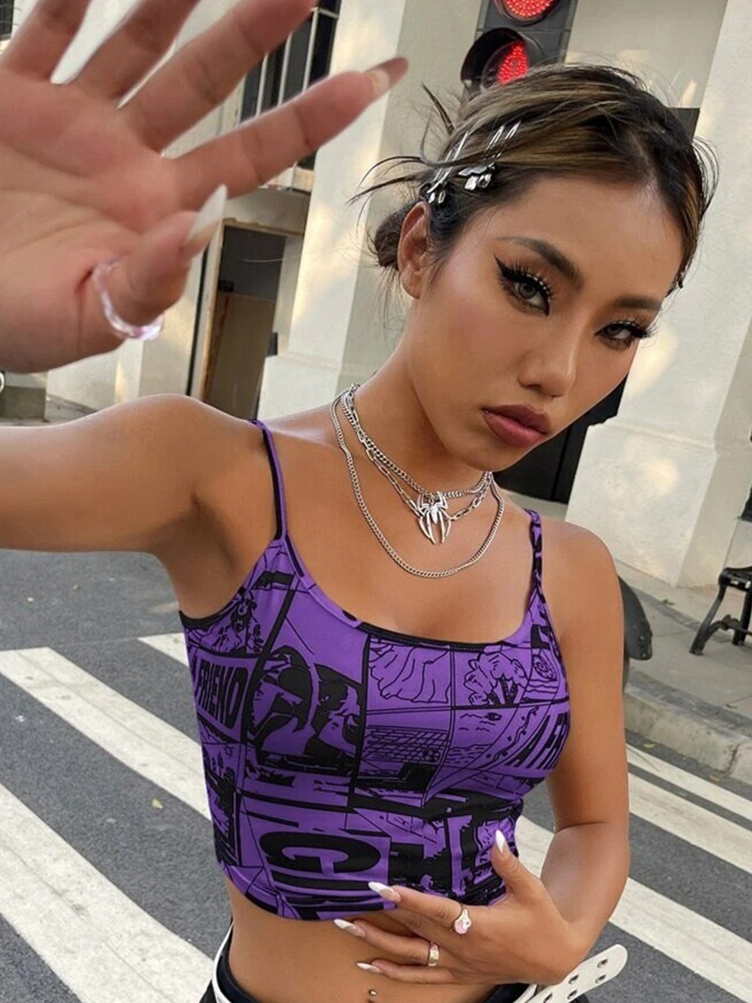 

Stylecast X Slyck Graphic Printed Shoulder Strapped Bralette Crop Top, Violet