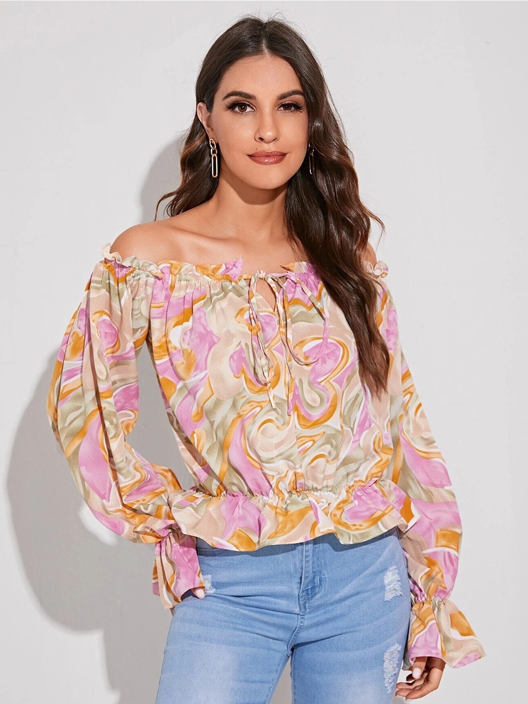 

Stylecast X Slyck Abstract Printed Off-Shoulder Puff Sleeve Top, Beige