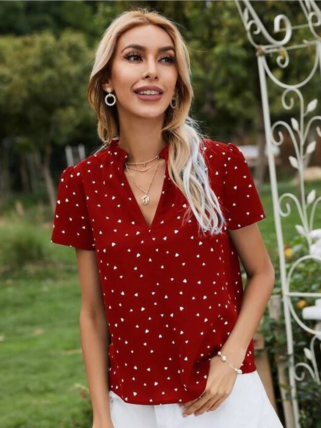 

Stylecast X Slyck Orange Polka Dots Printed Mandarin Collar Cap Sleeves Top, Rust