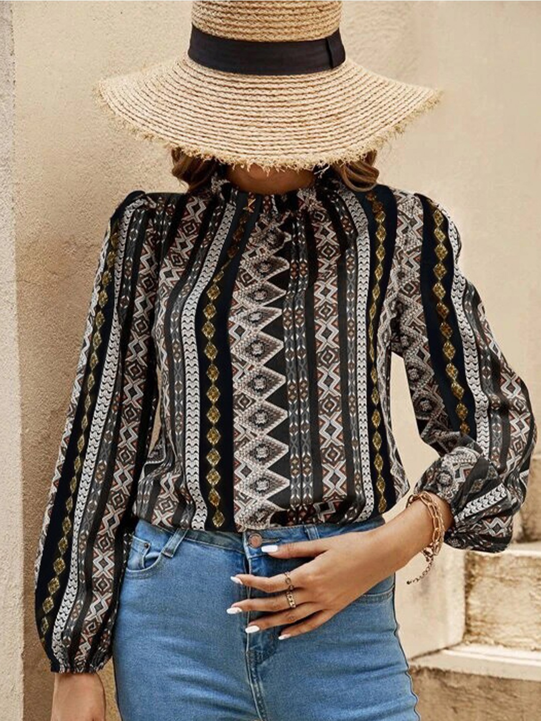 

Stylecast X Slyck Geometric Printed High Neck Puffed Sleeves Top, Black