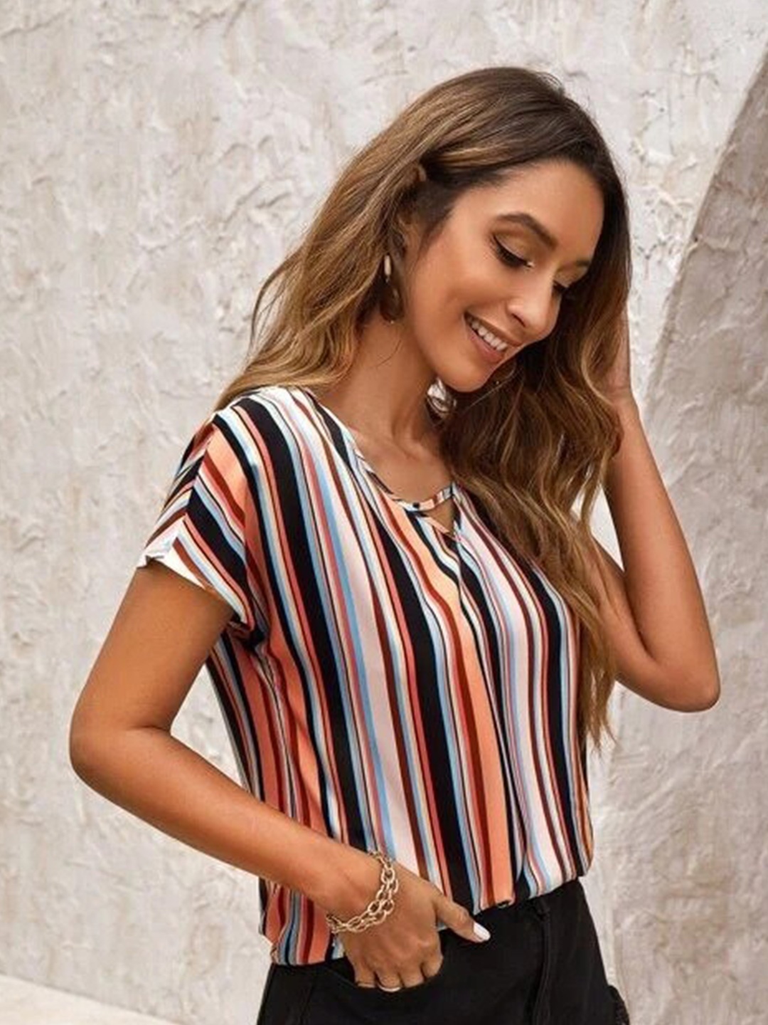 

Stylecast X Slyck Striped V-Neck Extended Sleeves Top, White