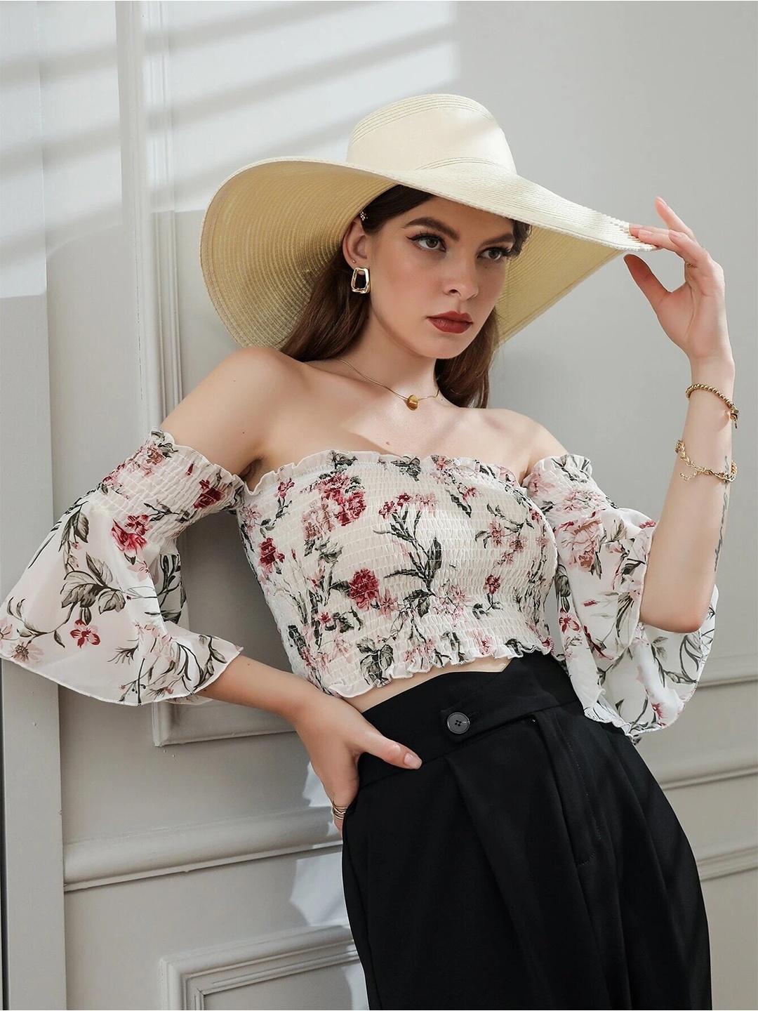 

Stylecast X Slyck Floral Printed Off-Shoulder Smocked Bardot Crop Top, White