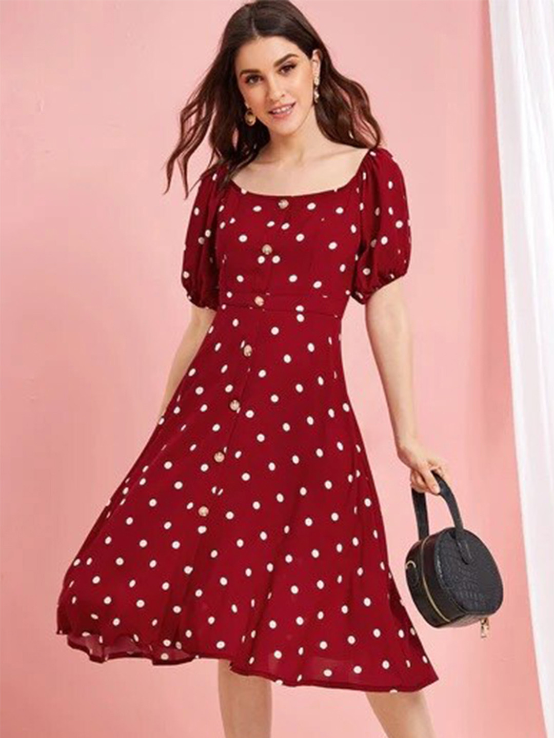 

Stylecast X Slyck Polka Dots Printed Puffed Sleeves Fit Flare Midi Dress, Maroon