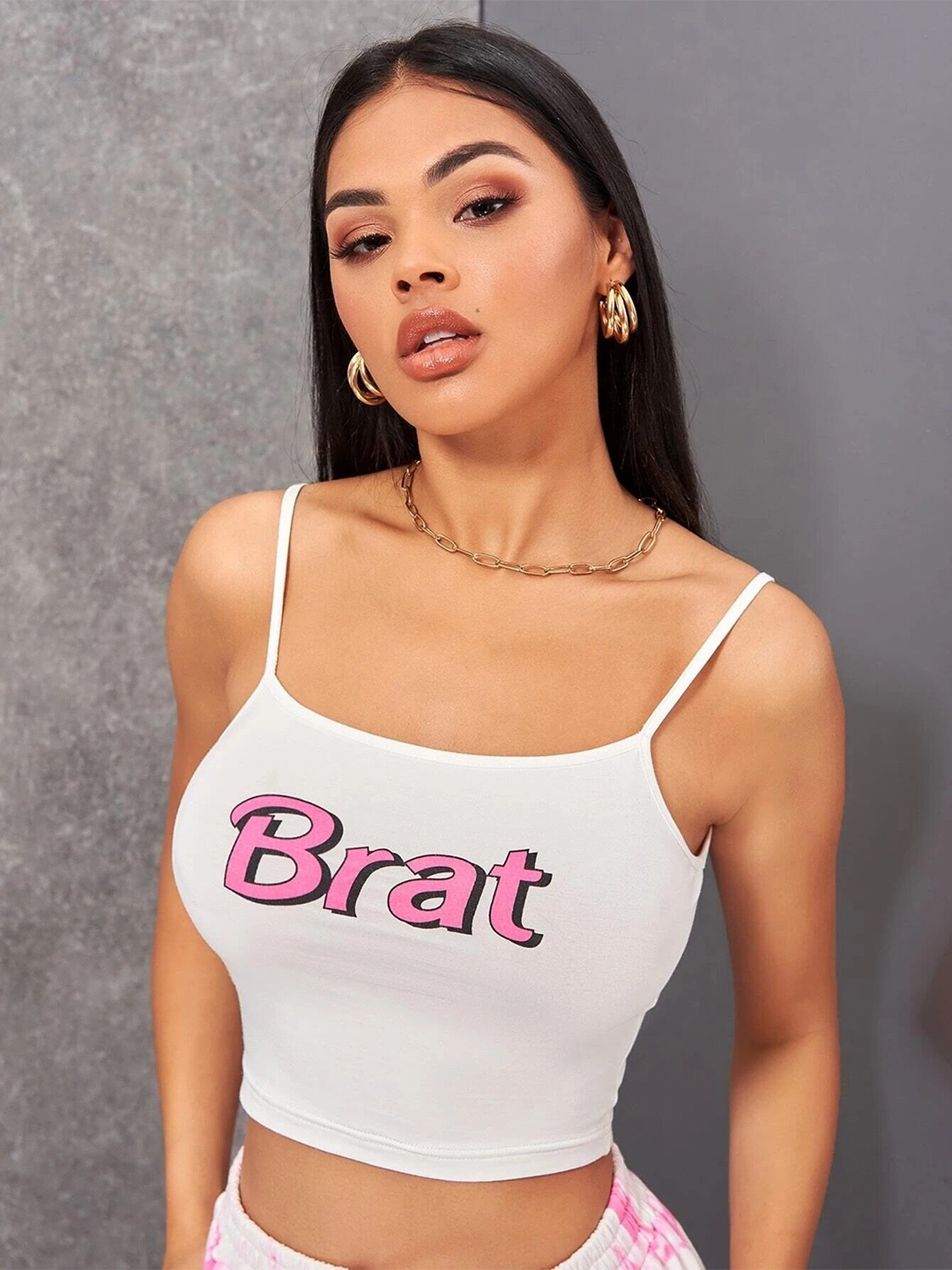 

Stylecast X Slyck Typography Printed Shoulder Straps Crop Fitted Top, White