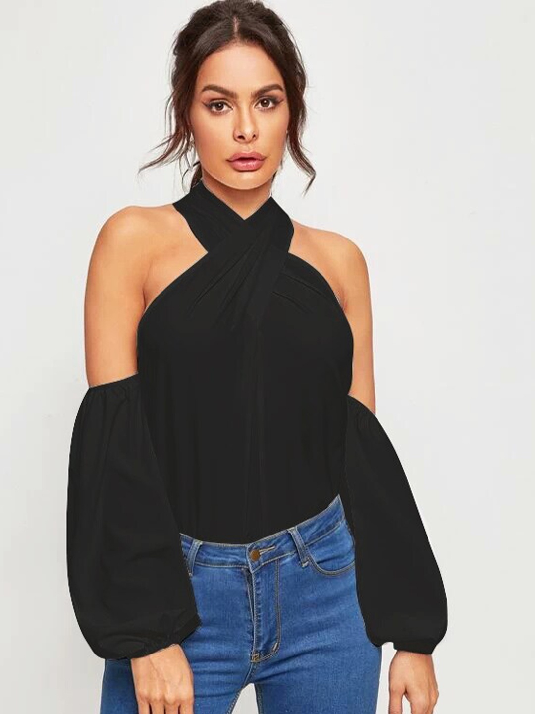 

Stylecast X Slyck Halter Neck Cold-Shoulder Sleeves Top, Black