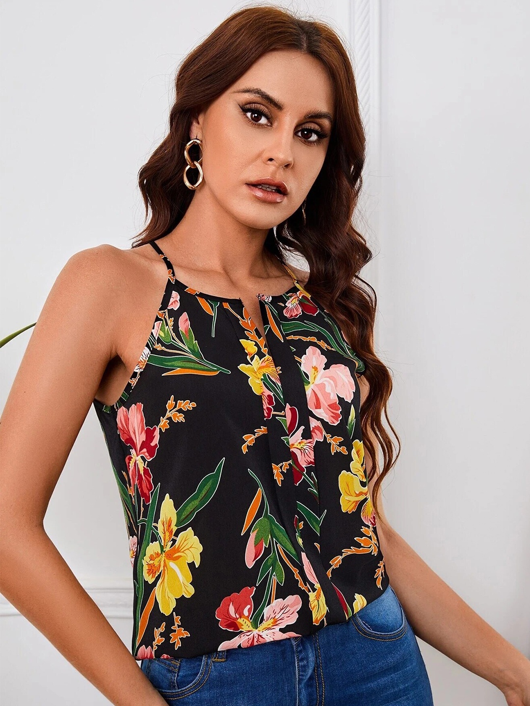 

Stylecast X Slyck Floral Printed Shoulder Straps Regular Top, Black