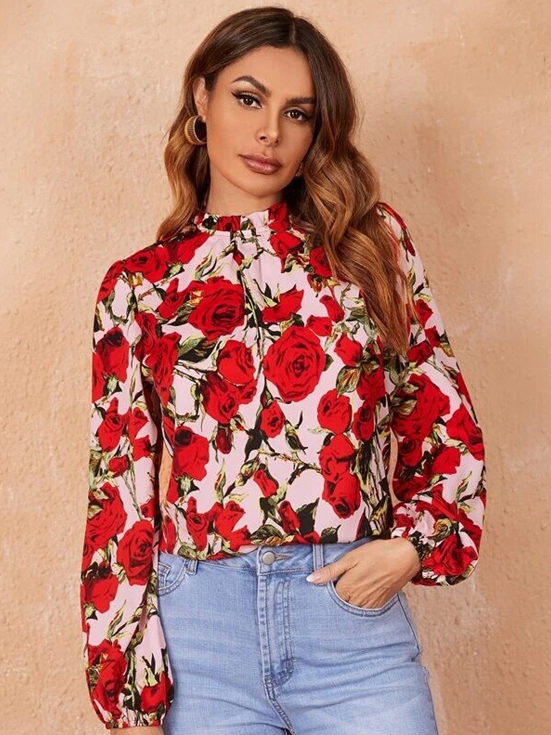 

Stylecast X Slyck Floral Printed High Neck Puff Sleeves Top, Peach