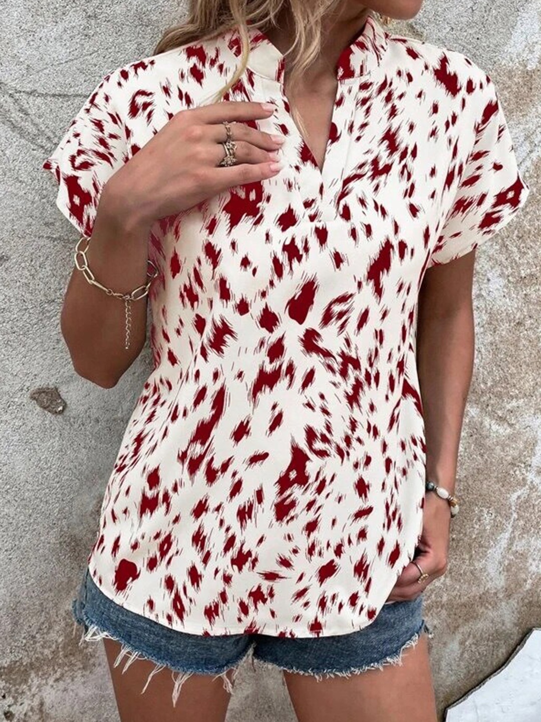 

Stylecast X Slyck Animal Printed Mandarin Collar Cap Sleeves Top, Cream