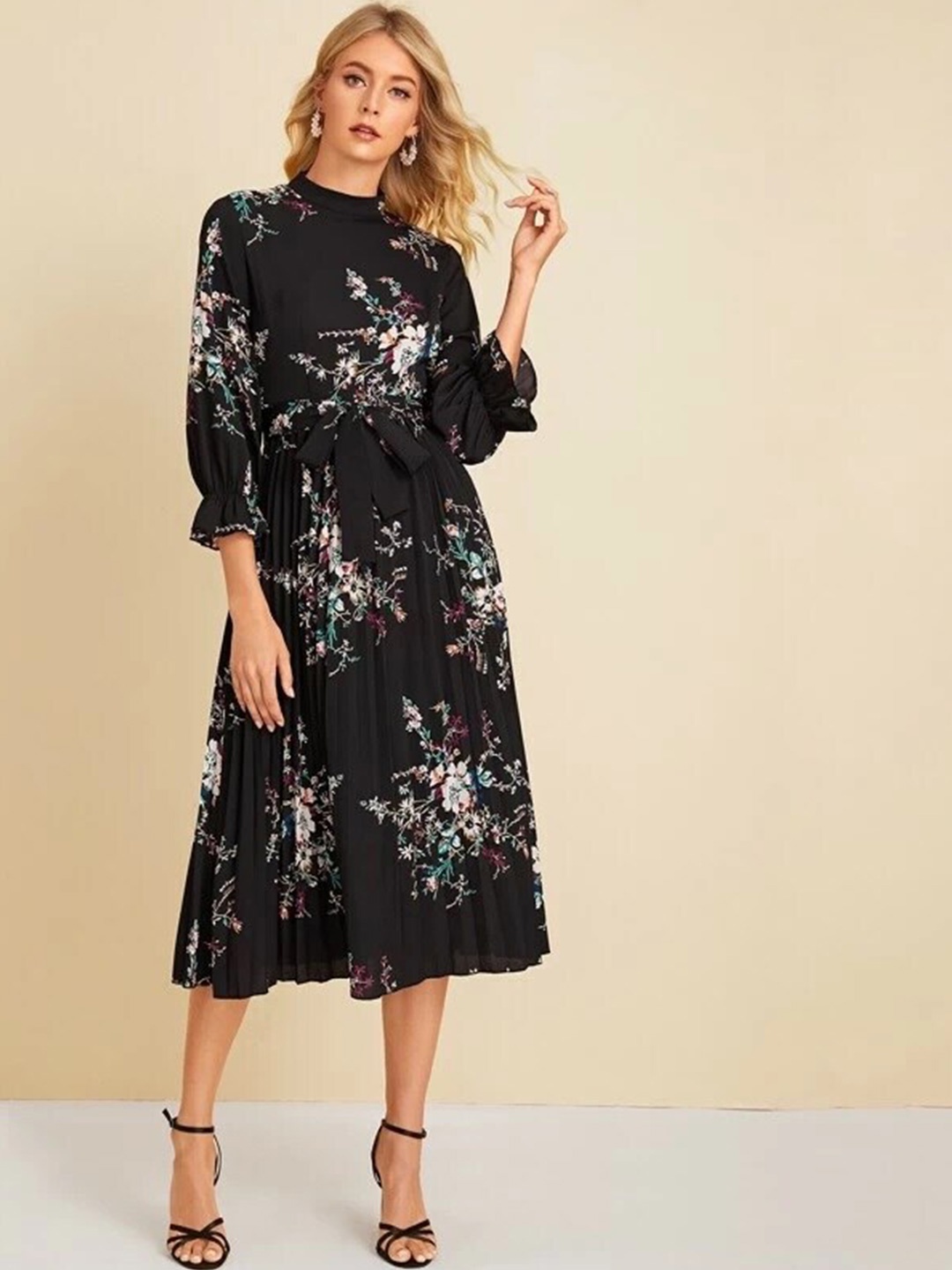 

Stylecast X Slyck Floral Printed Mock Neck Puff Sleeves Accordion Pleats Fit Flare Midi Dress, Black