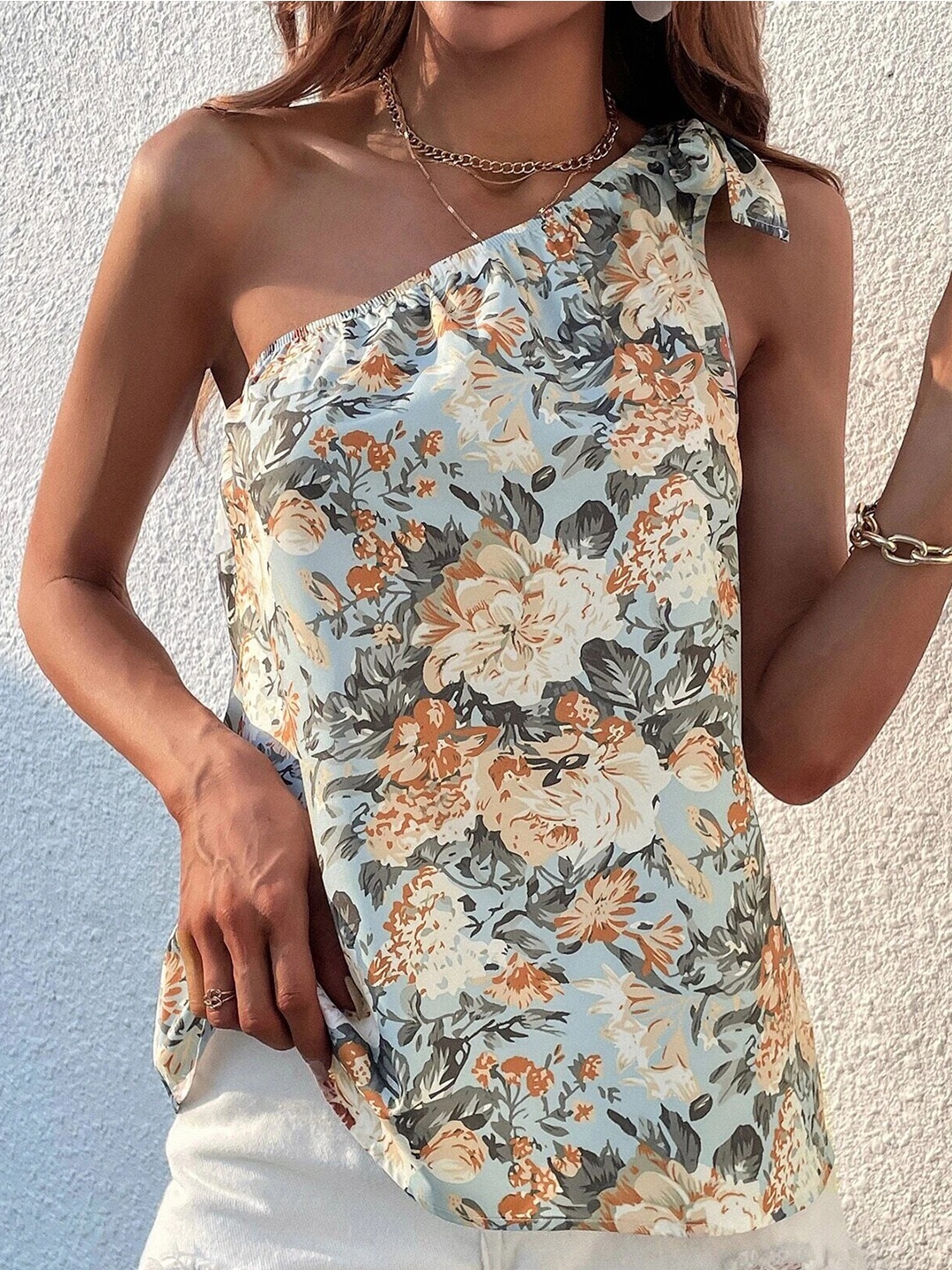 

Stylecast X Slyck Floral Printed One Shoulder Sleeveless Top, Grey